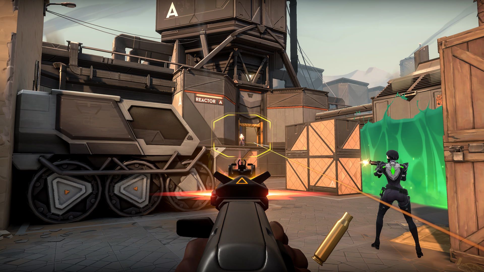 First-person perspective view aiming a crosshair down a narrow corridor in a tactical shooter